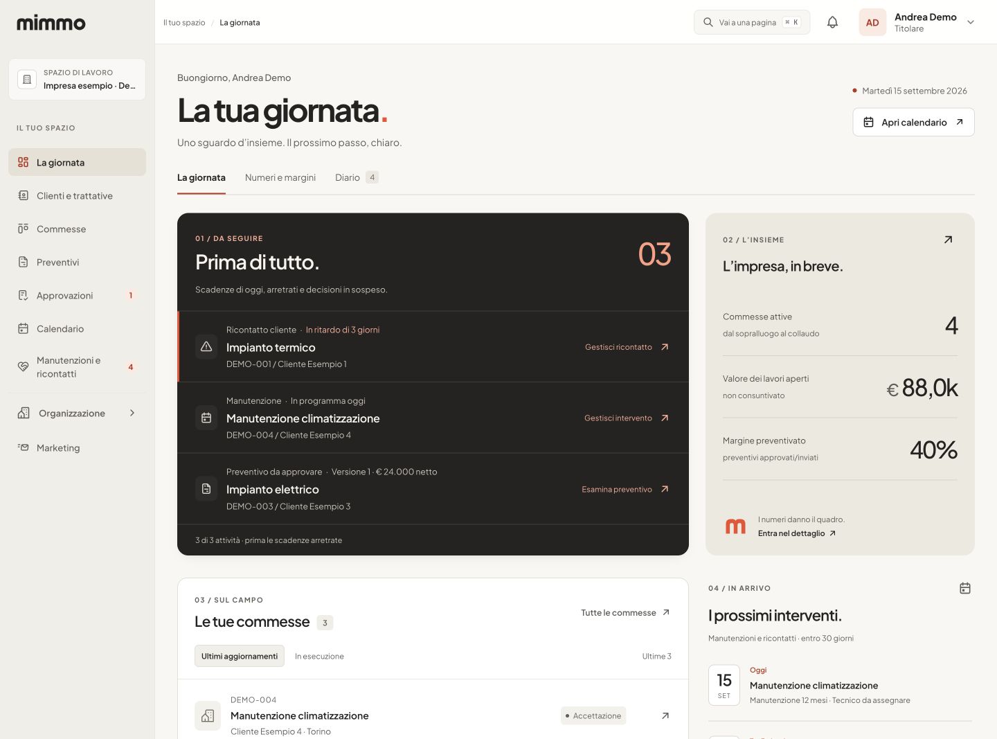 Schermata dimostrativa di Mimmo: attività da seguire, commesse e prossimi interventi.